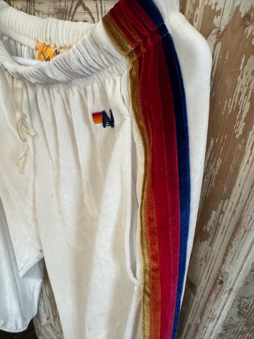 Aviator Nation White Sweatpants with Rainbow Velvet Side Stripes